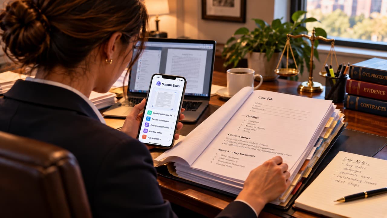 A thick case file and a phone scanning a page