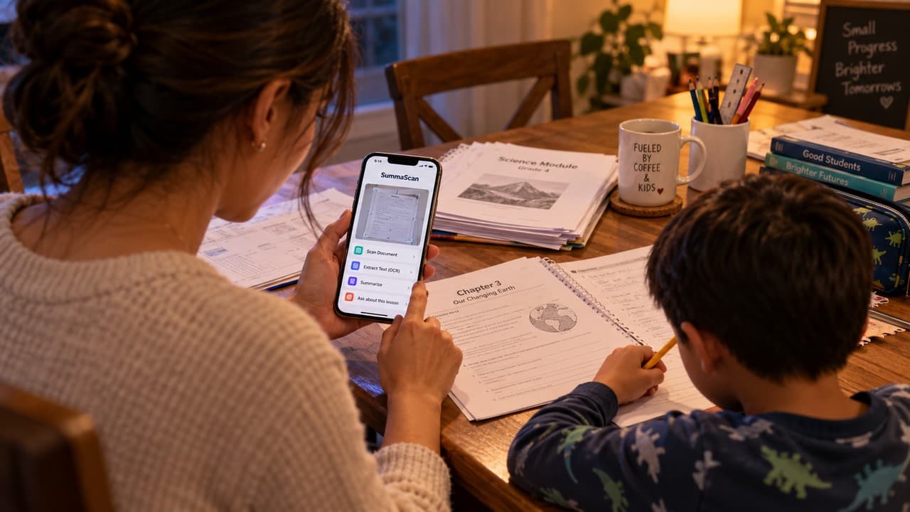 School papers on a dining table and a phone scanning a page