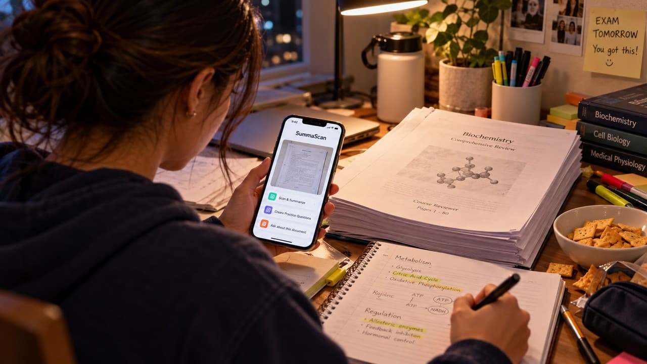 A late-night stack of handouts and a phone scanning a page